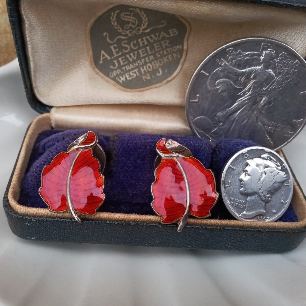 Volmer Bahner Sterling & Enamel Leaf Earrings
